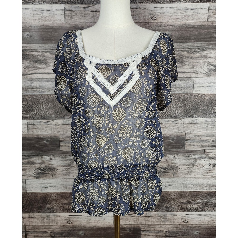 Wrangler Womens Floral Lace Trim Smocked Blouse Navy Blue LW6515M Size Medium